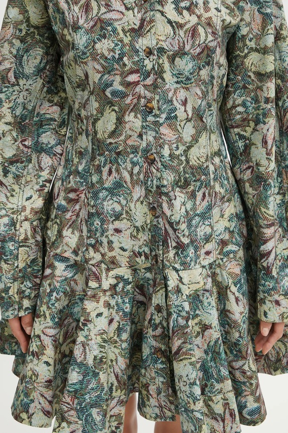 GANNI sukienka Printed Stretch Cotton Buttoned Mini W1096 zielony