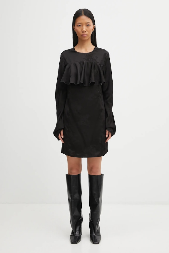 GANNI sukienka Fluid Satin Jacquard Mini Ruffle W0792 czarny