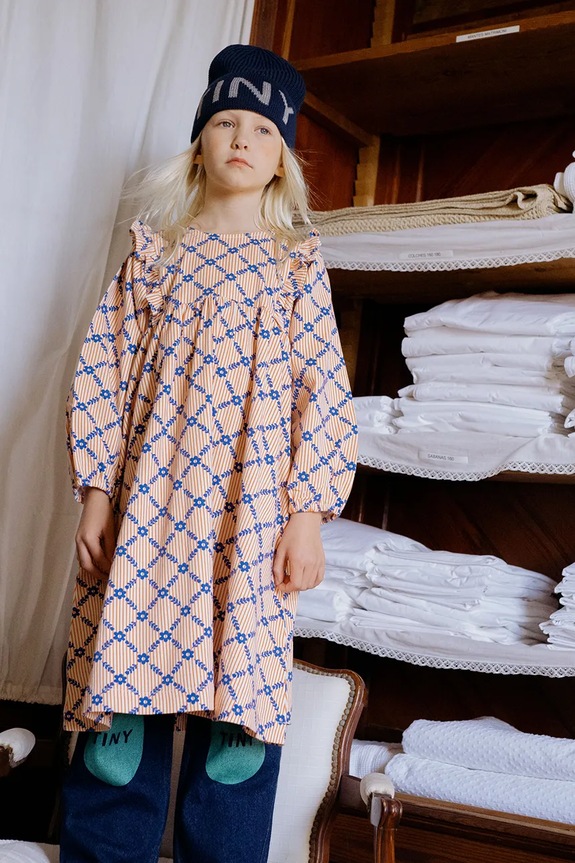 Dievčenské šaty Tinycottons FLOWER GRID PRINT DRESS bavlna béžová AW25.471
