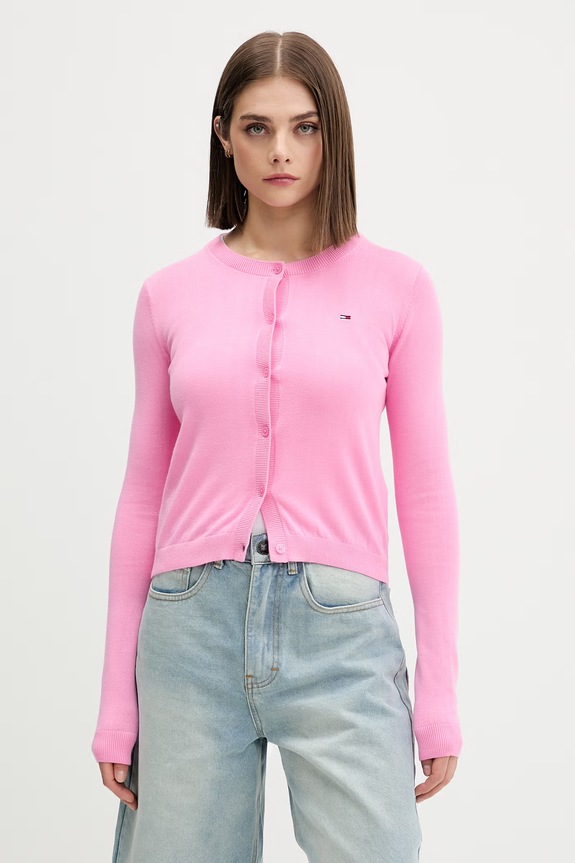 Tommy Jeans cardigan pentru femei, din bumbac roz DW0DW20976