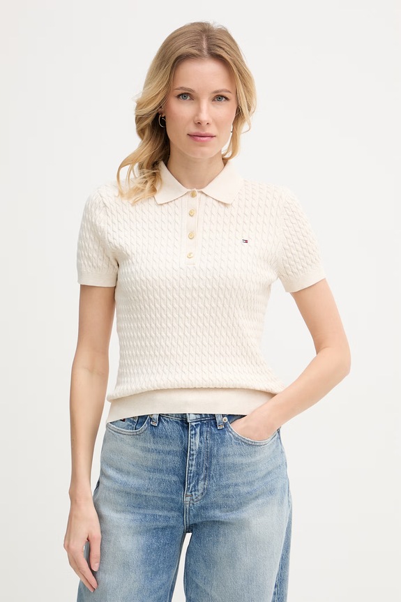 Tommy Hilfiger polo maglione da donna in cotone beige WW0WW41474