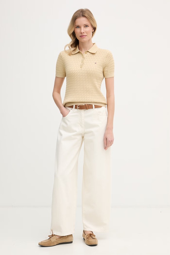 Tommy Hilfiger úpletové polo tričko dámske bavlnené WW0WW41474 béžová SS26