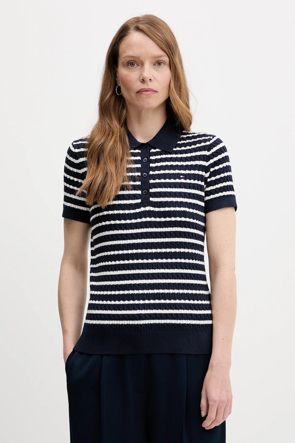 Tommy Hilfiger pletena polo majica ženska pamučna mornarsko plava WW0WW41474