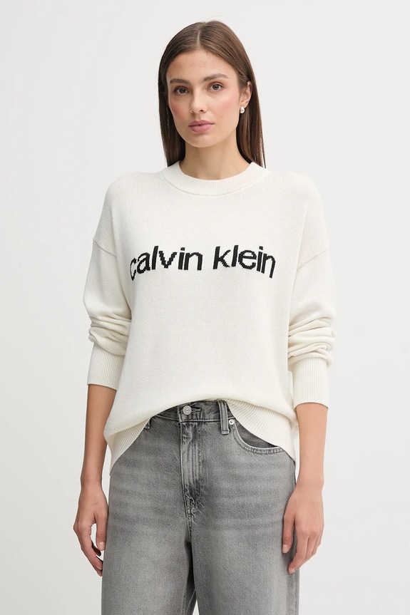 Calvin Klein Jeans sweter bawełniany wzorzyste beżowy LV047C311G