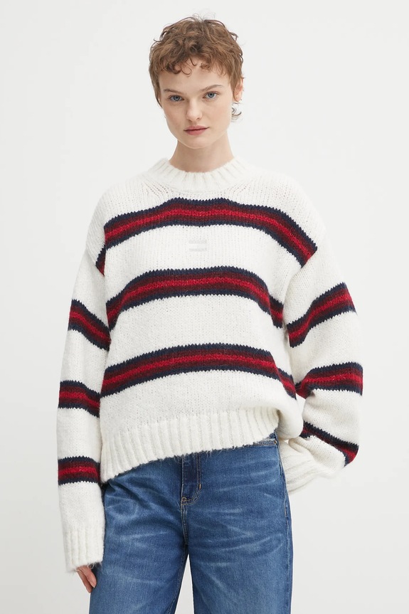 Pulover s dodatkom alpaka vune Tommy Jeans Planet friendly bež DW0DW21679