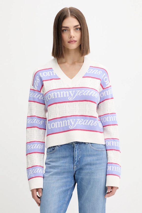Bombažen pulover Tommy Jeans Srednje debeline bež DW0DW21682