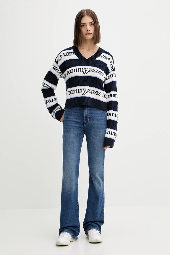 Bombažen pulover Tommy Jeans DW0DW21682 mornarsko modra AW25