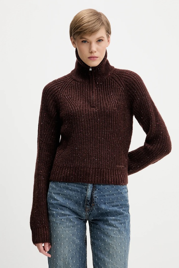 Tommy Jeans sweter z dodatkiem wełny melanż brązowy DW0DW21686