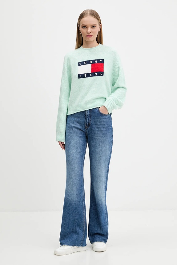 Pulover z dodatkom volne Tommy Jeans DW0DW21782 turkizna AW25