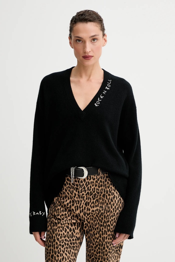 ZADIG&VOLTAIRE sweter kaszmirowy aplikacja czarny KWSW02913