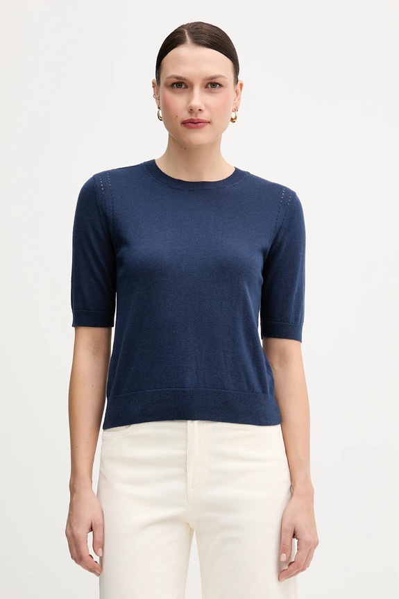 Pulover s dodatkom vune Sisley okrugli mornarsko plava 1SBXM106L