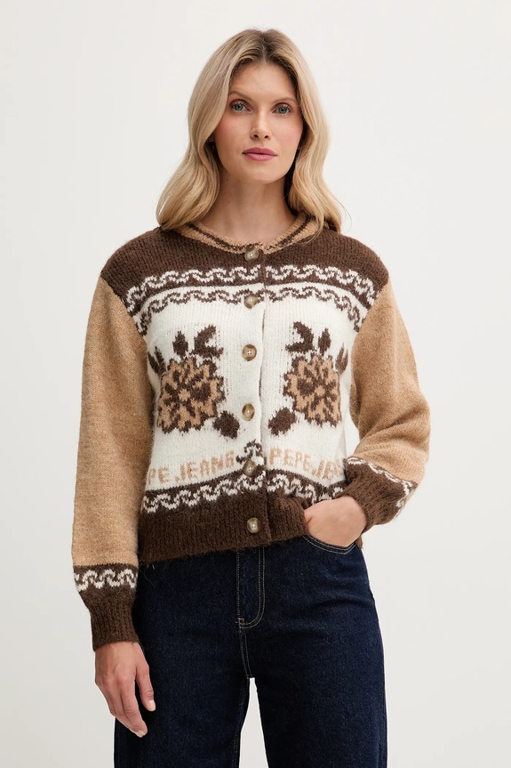 Pepe Jeans gyapjú kardigán vastag barna PL7000040