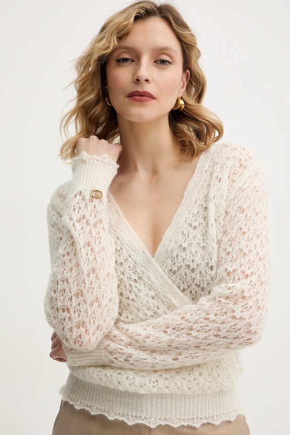 Twinset sweter z dodatkiem moheru beżowy 252TT3200