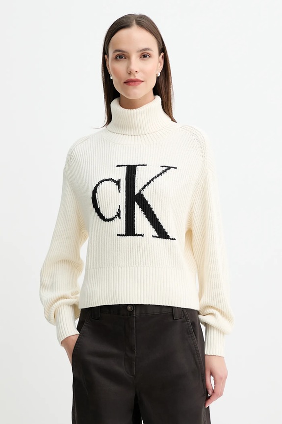 Pamučni pulover Calvin Klein Jeans natpis bež LV047D349G