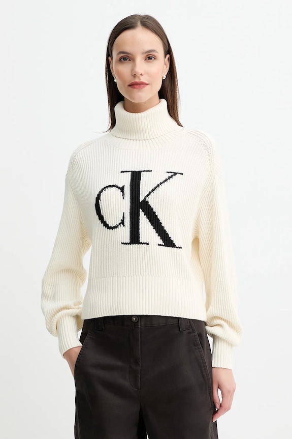 Pamučni pulover Calvin Klein Jeans natpis bež LV047D349G