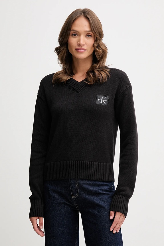 Βαμβακερό πουλόβερ Calvin Klein Jeans απλικέ μαύρο LV047D352G