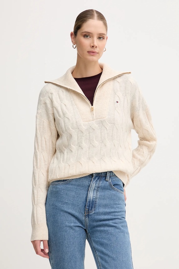 Μάλλινο πουλόβερ Tommy Hilfiger μεσαίου πάχους μπεζ WW0WW46425