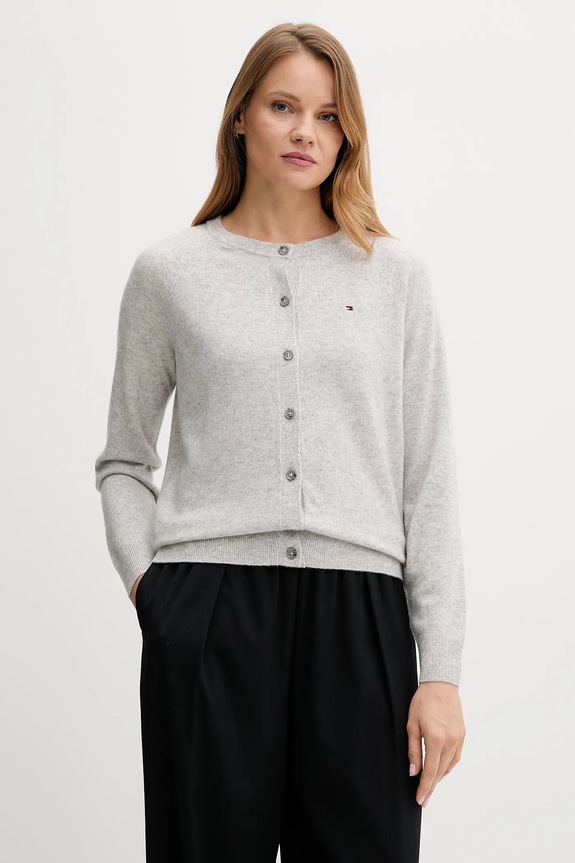 Tommy Hilfiger gyapjú kardigán sima szürke WW0WW47469