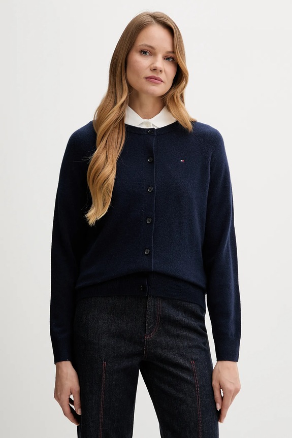 Tommy Hilfiger gyapjú kardigán sima sötétkék WW0WW47469