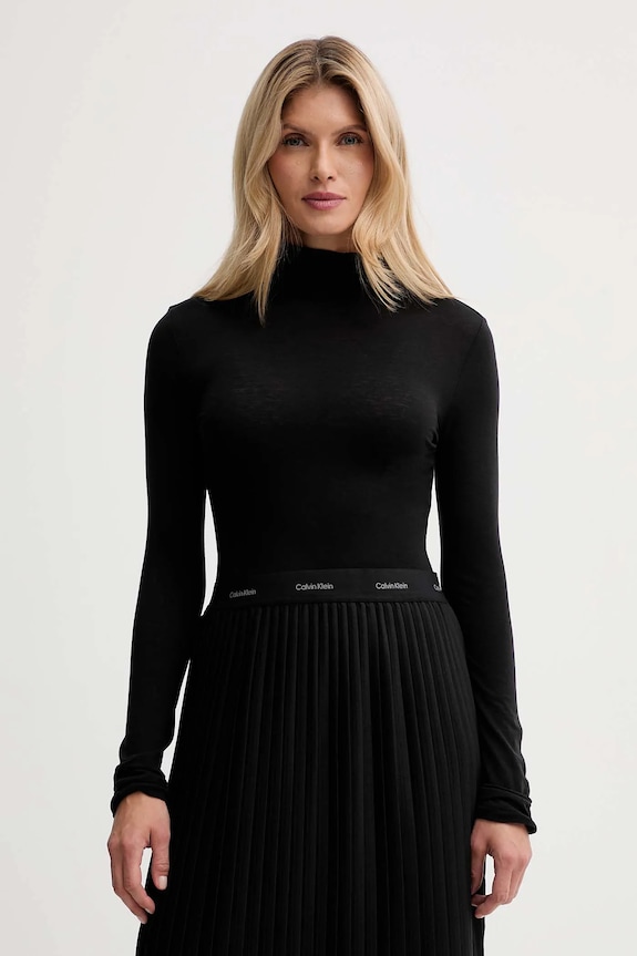 Tričko s dlhým rukávom s prímesou vlny Calvin Klein jednofarebný čierna LV044D239G