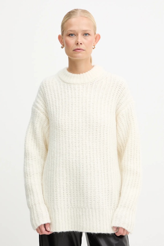 Pulover s dodatkom vune MICHAEL Michael Kors okrugli bež MF5619OJVC