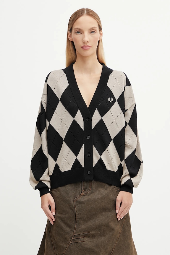 Fred Perry wool blend cardigan button down collar black K1119