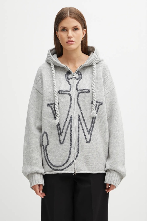 JW Anderson cardigan din lână Anchor Embroidery Zipped groase gri KW1499.YN0412