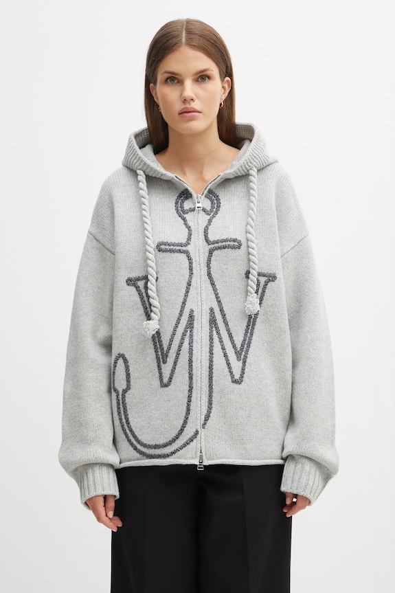JW Anderson cardigan din lână Anchor Embroidery Zipped groase gri KW1499.YN0412