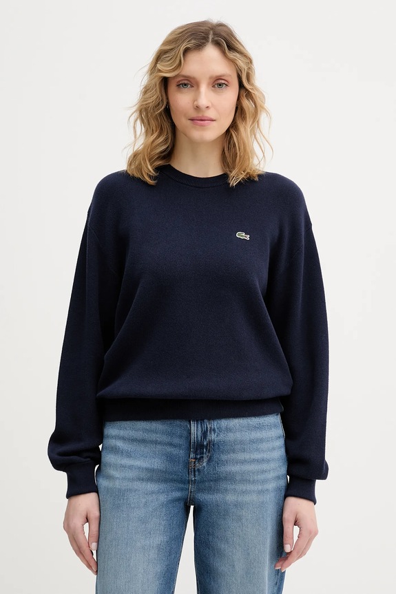 Lacoste gyapjú pulóver sima sötétkék AF4158