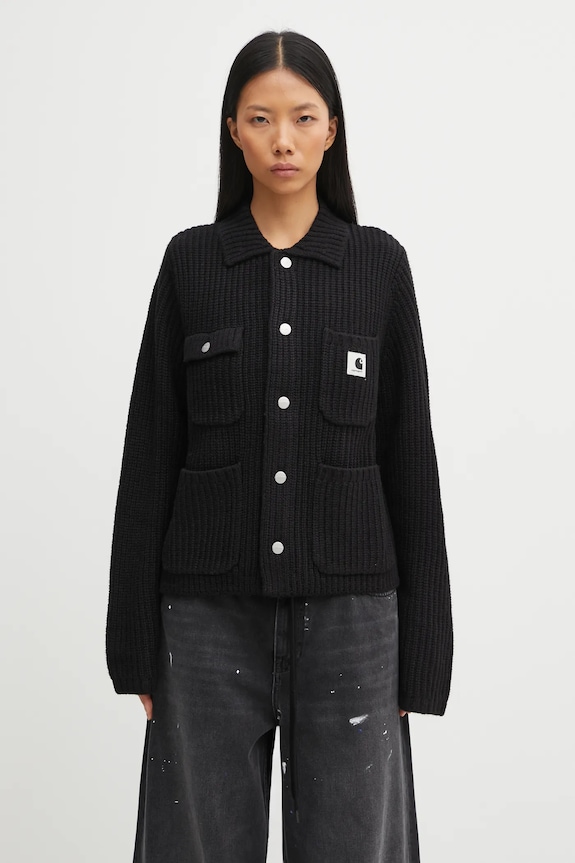 Carhartt WIP kardigan z dodatkiem wełny W' Michigan Sweater gruba czarny I035379.89XX