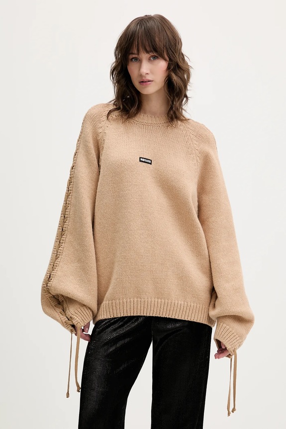 Rotate sweter z dodatkiem wełny okrągły beżowy 1147411753