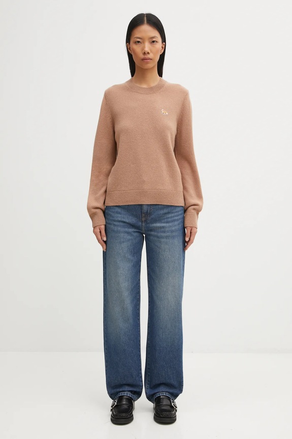 Μάλλινο πουλόβερ Maison Kitsuné Baby Fox Lambswool Regular PW00817KT1006 καφέ