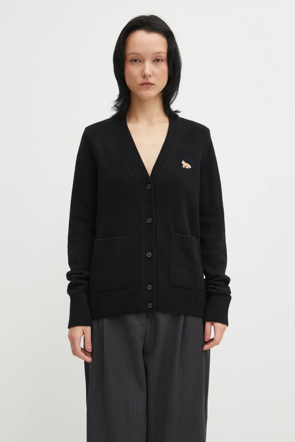 Вълнена жилетка Maison Kitsuné Baby Fox Lambswool Boxy изчистен черен PW00501KT1006
