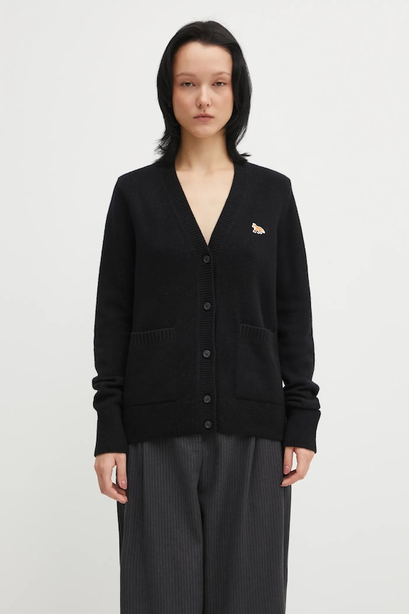Вълнена жилетка Maison Kitsuné Baby Fox Lambswool Boxy изчистен черен PW00501KT1006