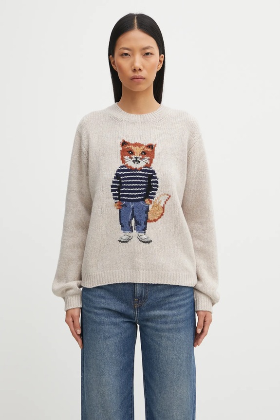 Maison Kitsuné wool blend jumper Dressed Fox Intarsia Wool medium thickness beige PW00812KH0002