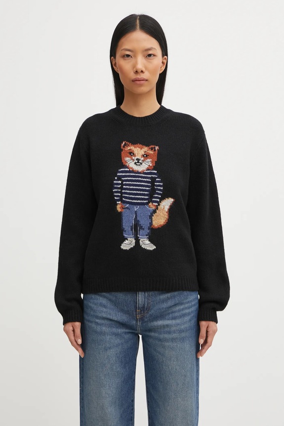 Maison Kitsuné wool blend jumper Dressed Fox Intarsia Wool round neck black PW00812KH0002