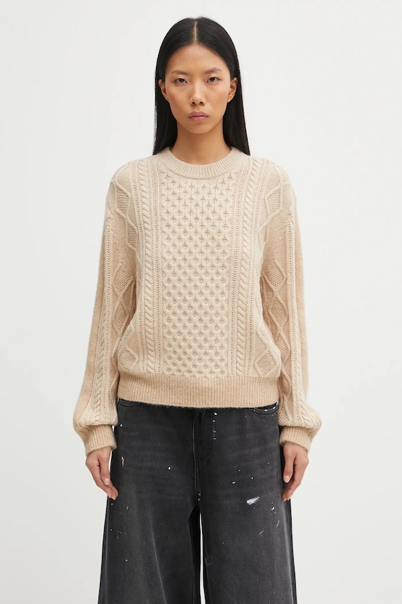 Πουλόβερ με προσθήκη μαλλιού Maison Kitsuné Alpaca Cable Knit στρογγυλό μπεζ PW00804KT1153