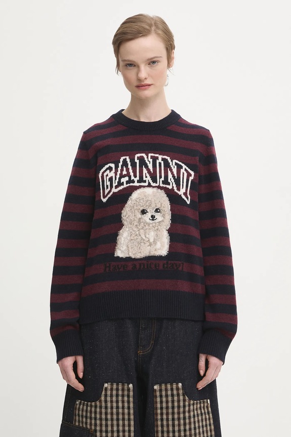 GANNI sweter z dodatkiem wełny Graphic Wool Mix Poodle Stripe okrągły bordowy K2567