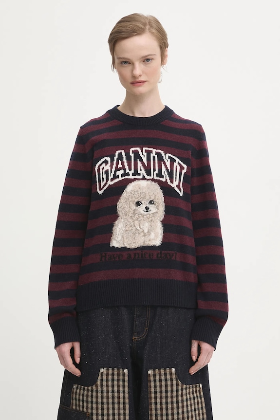 GANNI sweter z dodatkiem wełny Graphic Wool Mix Poodle Stripe okrągły bordowy K2567