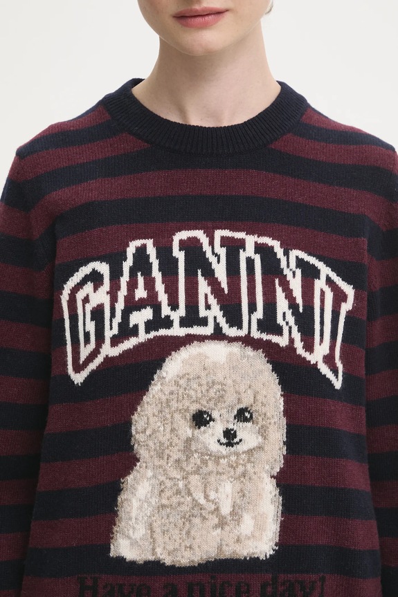 GANNI sweter z dodatkiem wełny Graphic Wool Mix Poodle Stripe bordowy K2567