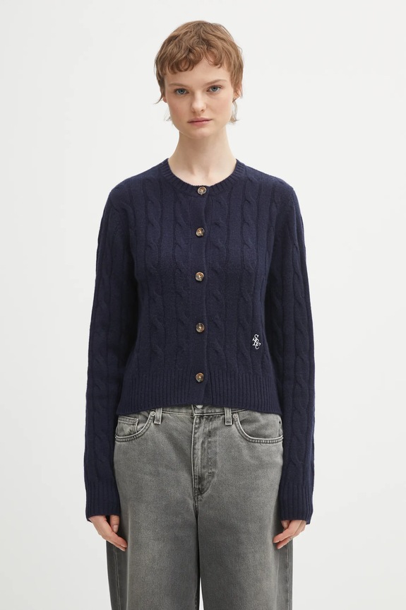 Вовняний кардиган Sporty & Rich SRC Cableknit Cashmere вовна темно-синій CA00365302BL106