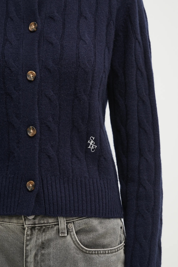 Вовняний кардиган Sporty & Rich SRC Cableknit Cashmere темно-синій CA00365302BL106