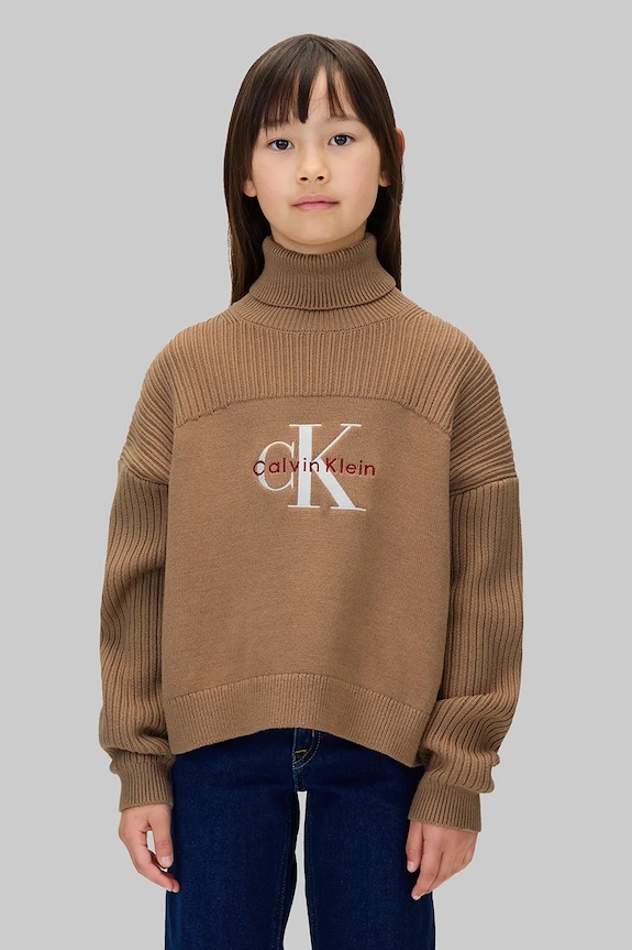 Calvin Klein Jeans sweter bawełniany dziecięcy aplikacja brązowy IG0IG03047.9BYA