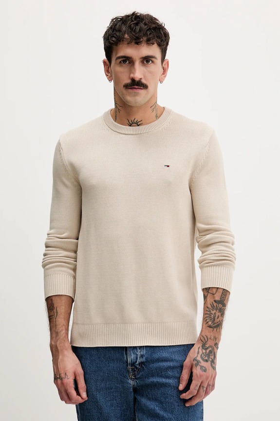 Bavlněný svetr Tommy Jeans kulatý béžová DM0DM21787