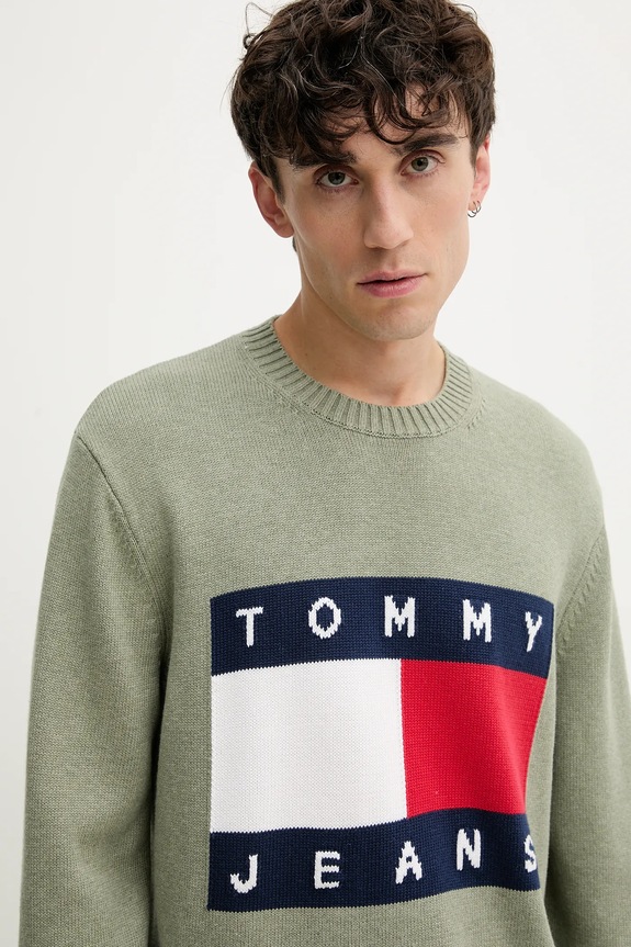 Βαμβακερό πουλόβερ Tommy Jeans πράσινο DM0DM22105