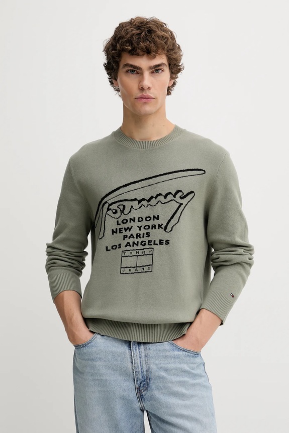 Βαμβακερό πουλόβερ Tommy Jeans βαμβάκι πράσινο DM0DM22253