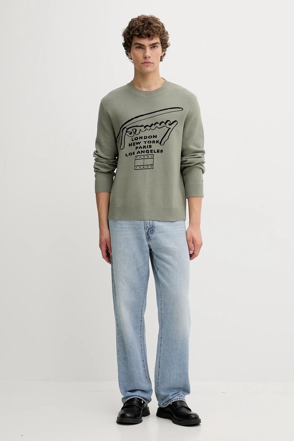 Βαμβακερό πουλόβερ Tommy Jeans DM0DM22253 πράσινο AW25