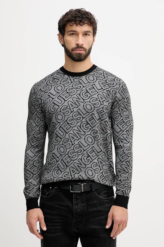 Guess sweter z domieszką jedwabiu JARROD okrągły szary M5BR11.Z0442