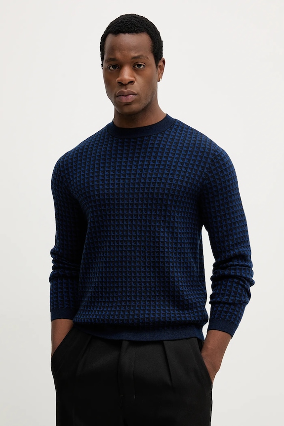 Emporio Armani sweter wełniany okrągły granatowy EM001989.AF14199