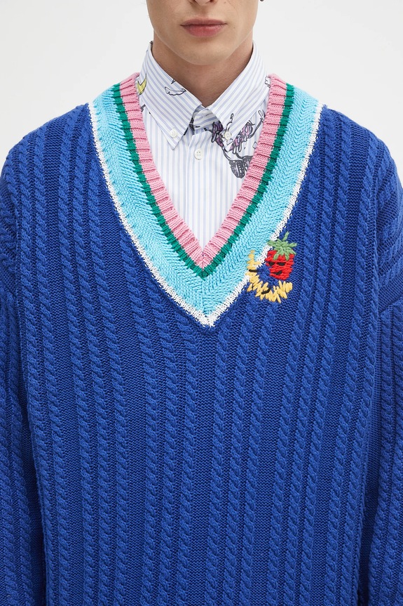 Sveter Sky High Farm Cableknit v-neck modrá SHF07N007